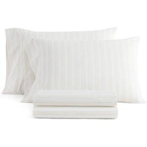 Martha Stewart – Twin Size Sheet Set, Crisp & Tailored Sheets with a Smooth Cotton Percale Feel – Striped Bed Sheets with Matching Pillowcase & Fitted Sheet (Leaf Trellis Beige)(Francesca Stripe Beige)