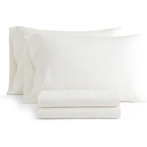 Martha Stewart – Twin Size Sheet Set, Crisp & Tailored Sheets with a Smooth Cotton Percale Feel – Striped Bed Sheets with Matching Pillowcase & Fitted Sheet (Leaf Trellis Beige)(Dottie Stripe Yellow)