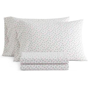 Martha Stewart – Twin Size Sheet Set, Crisp & Tailored Sheets with a Smooth Cotton Percale Feel – Striped Bed Sheets with Matching Pillowcase & Fitted Sheet (Leaf Trellis Beige)(Kennedy Floral Pink)