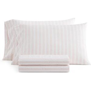 Martha Stewart – Twin Size Sheet Set, Crisp & Tailored Sheets with a Smooth Cotton Percale Feel – Striped Bed Sheets with Matching Pillowcase & Fitted Sheet (Leaf Trellis Beige)(Leaf Stripe Pink)