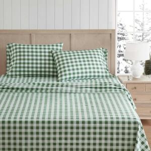Martha Stewart – Twin Size Sheet Set, Crisp & Tailored Sheets with a Smooth Cotton Percale Feel – Striped Bed Sheets with Matching Pillowcase & Fitted Sheet (Leaf Trellis Beige)(Madison Gingham Green)