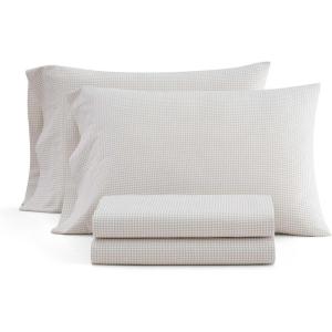 Martha Stewart – Twin Size Sheet Set, Crisp & Tailored Sheets with a Smooth Cotton Percale Feel – Striped Bed Sheets with Matching Pillowcase & Fitted Sheet (Leaf Trellis Beige)(Gingham Beige)