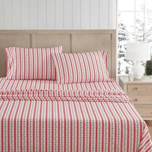 Martha Stewart – Twin Size Sheet Set, Crisp & Tailored Sheets with a Smooth Cotton Percale Feel – Striped Bed Sheets with Matching Pillowcase & Fitted Sheet (Leaf Trellis Beige)(Rose Ribbon Red)