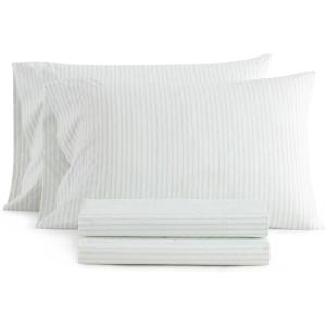 Martha Stewart – Twin Size Sheet Set, Crisp & Tailored Sheets with a Smooth Cotton Percale Feel – Striped Bed Sheets with Matching Pillowcase & Fitted Sheet (Leaf Trellis Beige)(Ticking Stripe Green)