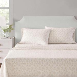 Martha Stewart – Twin Size Sheet Set, Crisp & Tailored Sheets with a Smooth Cotton Percale Feel – Striped Bed Sheets with Matching Pillowcase & Fitted Sheet (Leaf Trellis Beige)(Floral White)