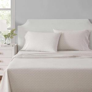 Martha Stewart – Twin Size Sheet Set, Crisp & Tailored Sheets with a Smooth Cotton Percale Feel – Striped Bed Sheets with Matching Pillowcase & Fitted Sheet (Leaf Trellis Beige)(Leaves Beige)