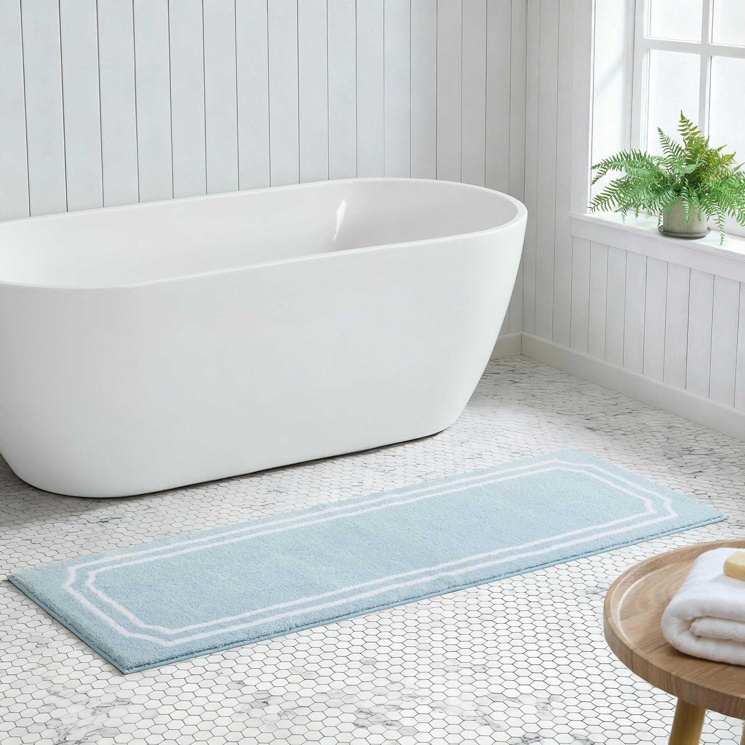 imageMartha Stewart Bath Rug Plush 100 YarnDye Knit Rug Soft Cushioned Feel Bathroom Rug with SkidResistant Latex Rubber Backing Bedford Scallop WhiteLinen 34 x 21Skylands Border Blue BellWhite