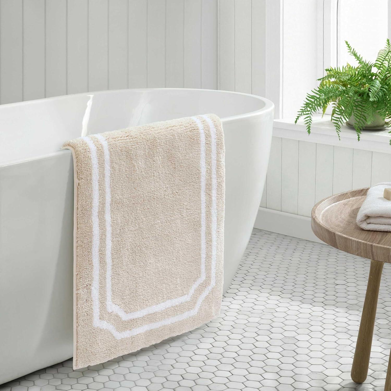 imageMartha Stewart Bath Rug Plush 100 YarnDye Knit Rug Soft Cushioned Feel Bathroom Rug with SkidResistant Latex Rubber Backing Bedford Scallop WhiteLinen 34 x 21Skylands Border LinenWhite