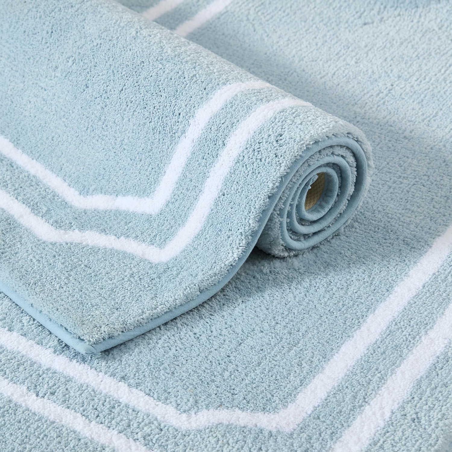 imageMartha Stewart Bath Rug Plush 100 YarnDye Knit Rug Soft Cushioned Feel Bathroom Rug with SkidResistant Latex Rubber Backing Bedford Scallop WhiteLinen 34 x 21Skylands Border Blue BellWhite