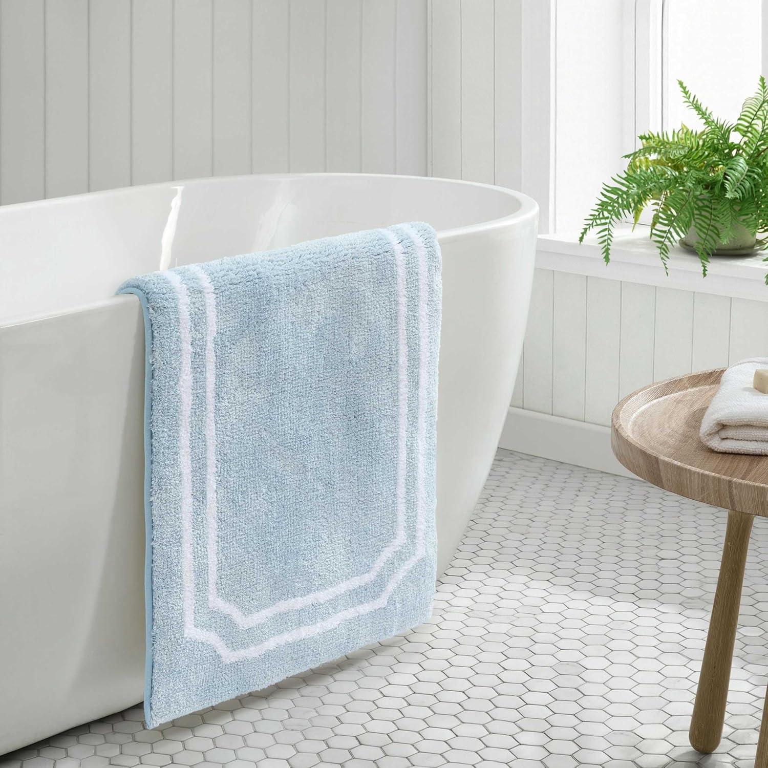 imageMartha Stewart Bath Rug Plush 100 YarnDye Knit Rug Soft Cushioned Feel Bathroom Rug with SkidResistant Latex Rubber Backing Bedford Scallop WhiteLinen 34 x 21Skylands Border Blue BellWhite