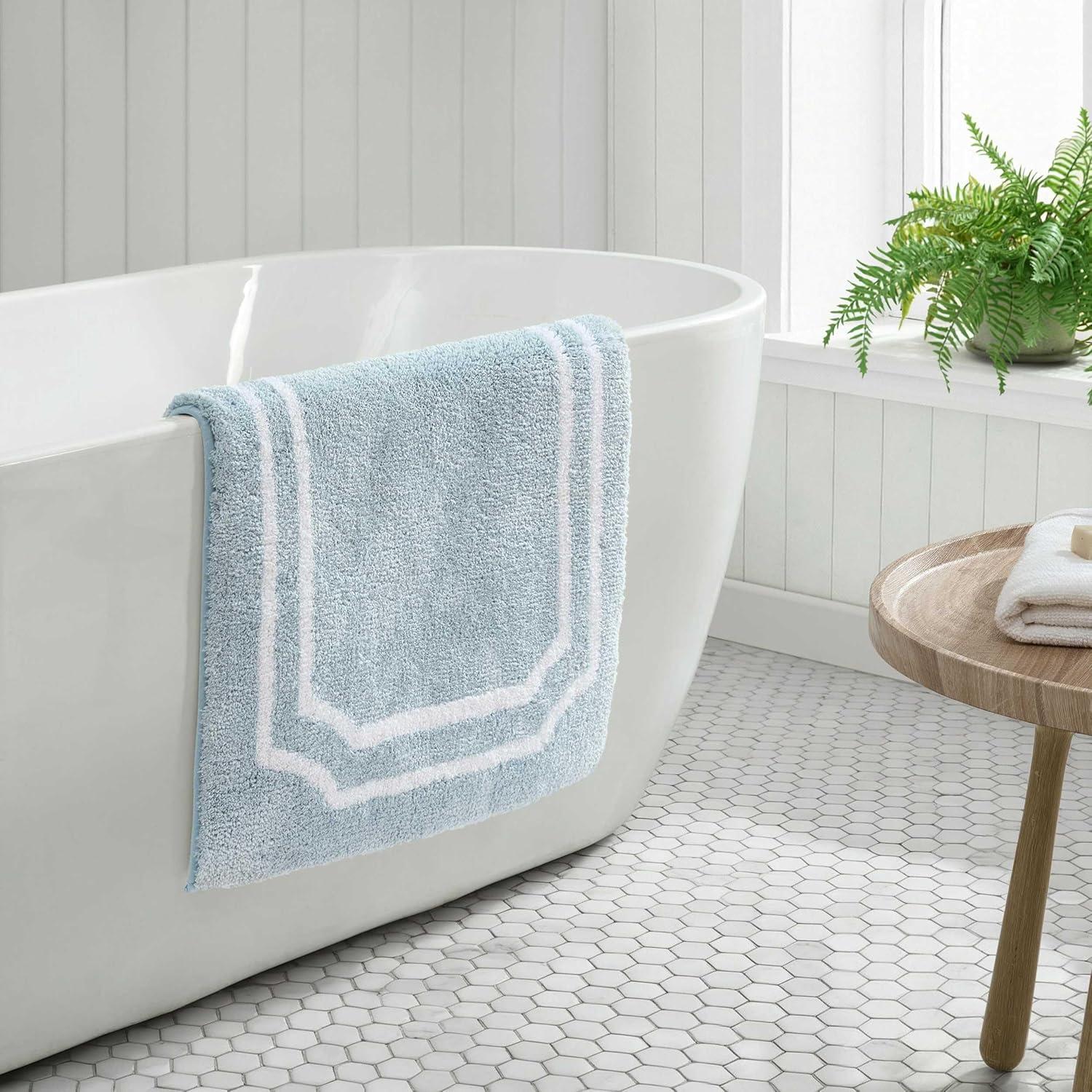 imageMartha Stewart Bath Rug Plush 100 YarnDye Knit Rug Soft Cushioned Feel Bathroom Rug with SkidResistant Latex Rubber Backing Bedford Scallop WhiteLinen 34 x 21Skylands Border Blue BellWhite