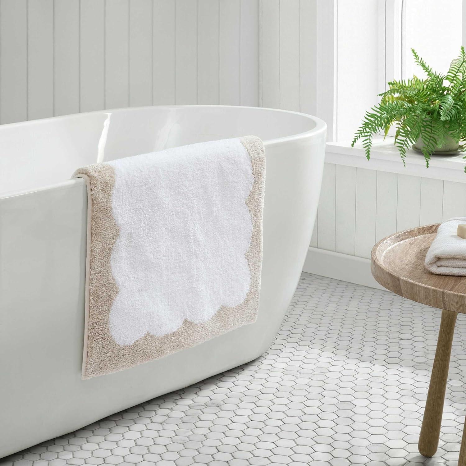 imageMartha Stewart Bath Rug Plush 100 YarnDye Knit Rug Soft Cushioned Feel Bathroom Rug with SkidResistant Latex Rubber Backing Bedford Scallop WhiteLinen 34 x 21Bedford Scallop WhiteLinen