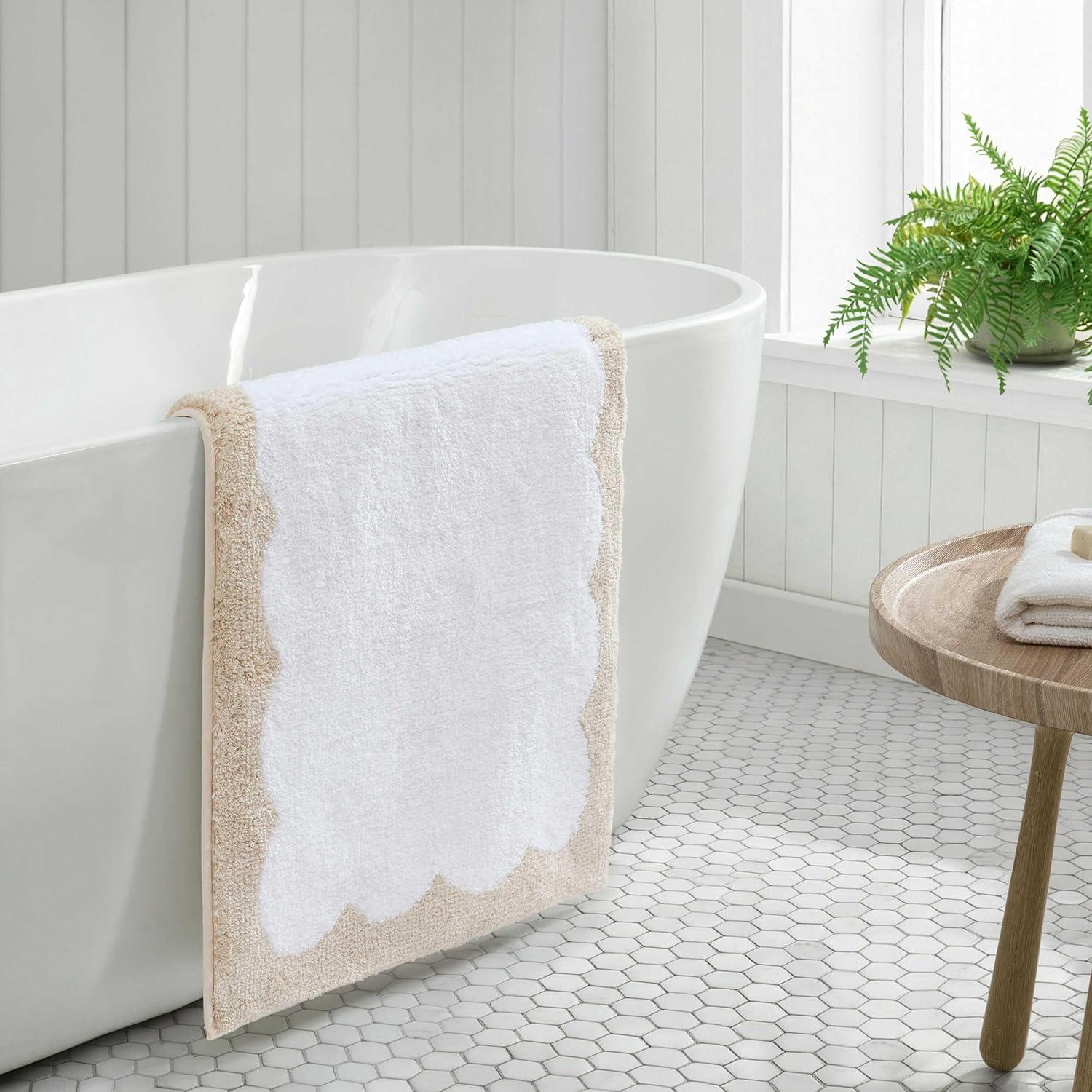 imageMartha Stewart Bath Rug Plush 100 YarnDye Knit Rug Soft Cushioned Feel Bathroom Rug with SkidResistant Latex Rubber Backing Bedford Scallop WhiteLinen 34 x 21Bedford Scallop WhiteLinen