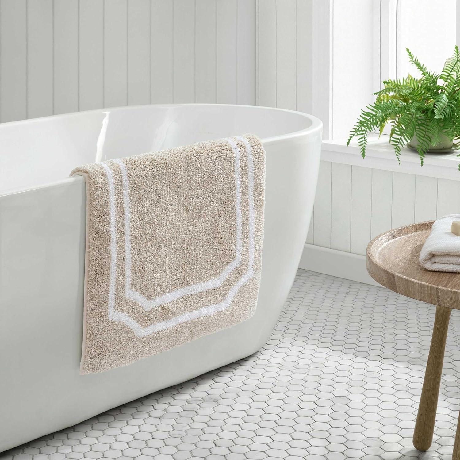 imageMartha Stewart Bath Rug Plush 100 YarnDye Knit Rug Soft Cushioned Feel Bathroom Rug with SkidResistant Latex Rubber Backing Bedford Scallop WhiteLinen 34 x 21Skylands Border LinenWhite