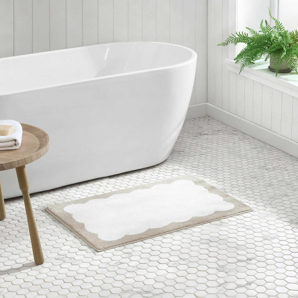 imageMartha Stewart Bath Rug Plush 100 YarnDye Knit Rug Soft Cushioned Feel Bathroom Rug with SkidResistant Latex Rubber Backing Bedford Scallop WhiteLinen 34 x 21Bedford Scallop WhiteLinen