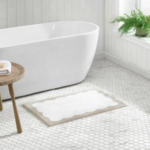 Martha Stewart – Bath Rug, Plush 100% Yarn-Dye Knit Rug, Soft Cushioned Feel Bathroom Rug with Skid-Resistant Latex Rubber Backing (Bedford Scallop White/Linen, 34″ x 21″)(Bedford Scallop White/Linen)
