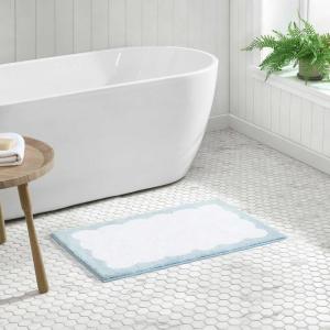 Martha Stewart – Bath Rug, Plush 100% Yarn-Dye Knit Rug, Soft Cushioned Feel Bathroom Rug with Skid-Resistant Latex Rubber Backing (Bedford Scallop White/Linen, 34″ x 21″)(Bedford Scallop White/Blue Bell)