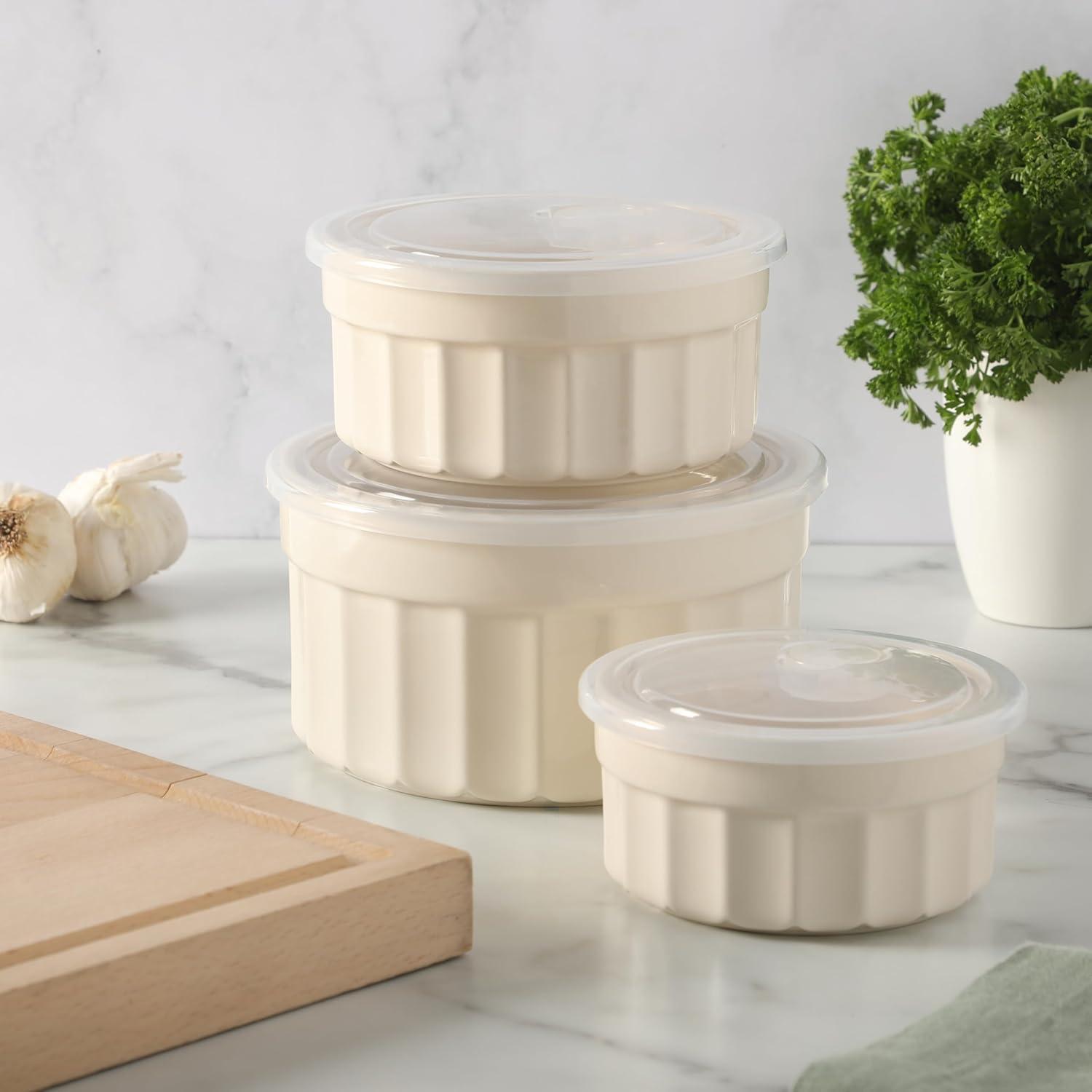 imageMartha Stewart Broadbrook 6 Piece Stoneware Meal Prep Container Set with Lids Rectangular Food Storage amp Bakewar Oven Refridgerator Microwave Dishwasher SafeCream Broadbrook Round