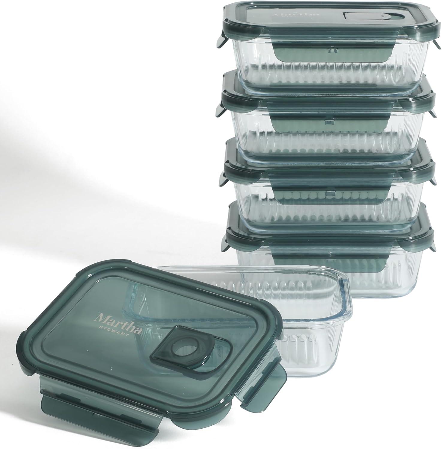 imageMartha Stewart Broadbrook 6 Piece Stoneware Meal Prep Container Set with Lids Rectangular Food Storage amp Bakewar Oven Refridgerator Microwave Dishwasher SafeGlassGreen Lid Shadowbrook Rectangular