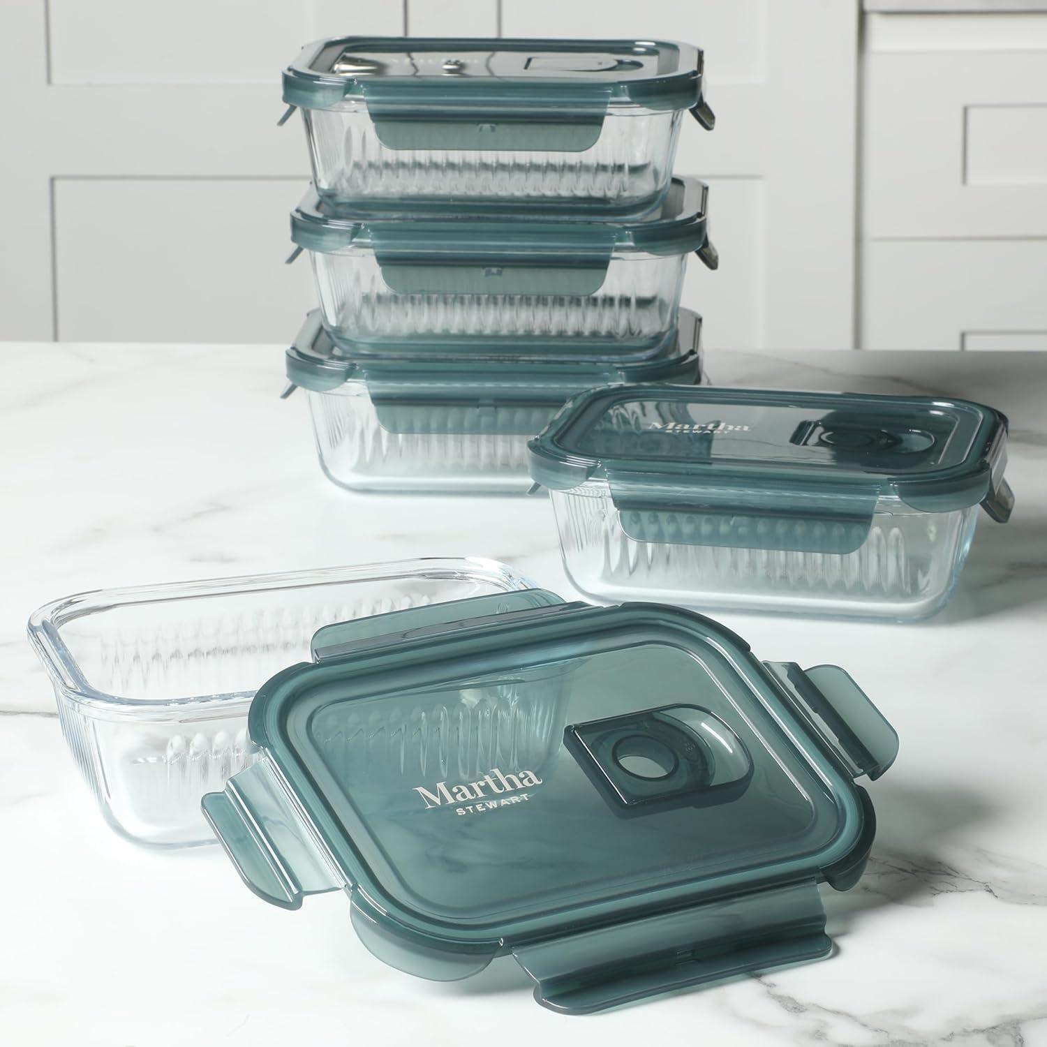 imageMartha Stewart Broadbrook 6 Piece Stoneware Meal Prep Container Set with Lids Rectangular Food Storage amp Bakewar Oven Refridgerator Microwave Dishwasher SafeGlassGreen Lid Shadowbrook Rectangular