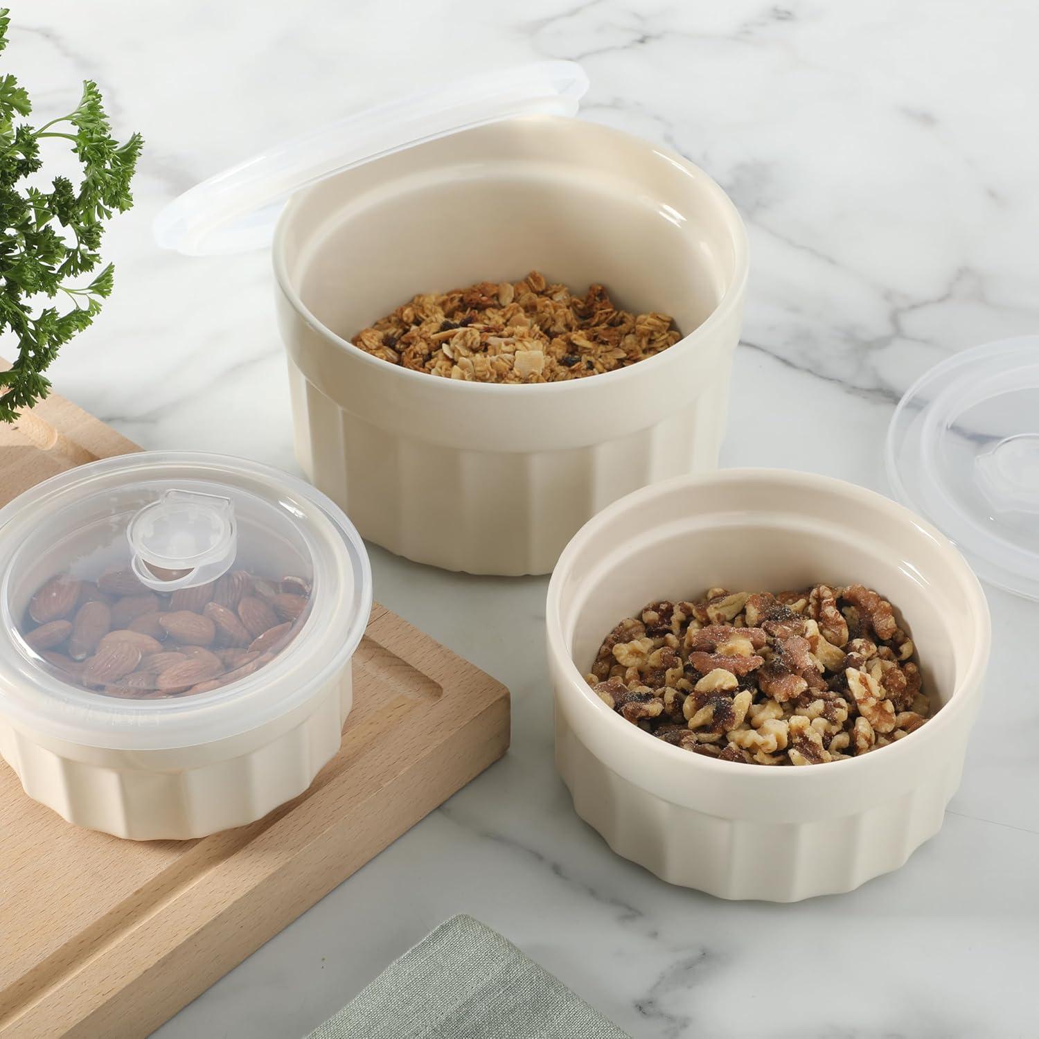 imageMartha Stewart Broadbrook 6 Piece Stoneware Meal Prep Container Set with Lids Rectangular Food Storage amp Bakewar Oven Refridgerator Microwave Dishwasher SafeCream Broadbrook Round