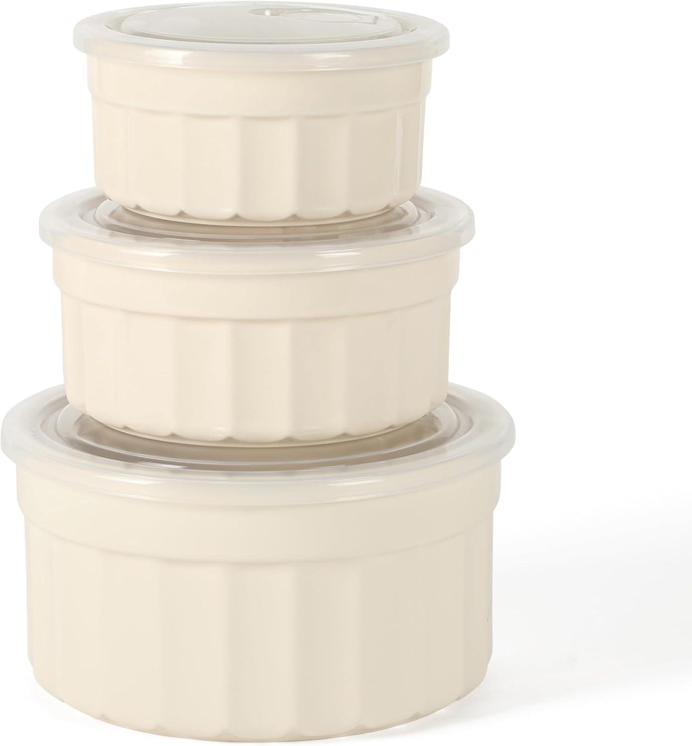 imageMartha Stewart Broadbrook 6 Piece Stoneware Meal Prep Container Set with Lids Rectangular Food Storage amp Bakewar Oven Refridgerator Microwave Dishwasher SafeCream Broadbrook Round