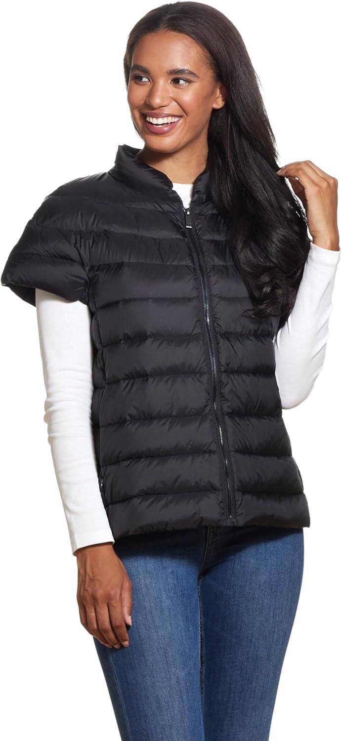 imageMartha Stewart Womens Quilted Down Puffer Vest Lightweight Short Sleeve Jacket with Pockets Warm Winter CoatBlack
