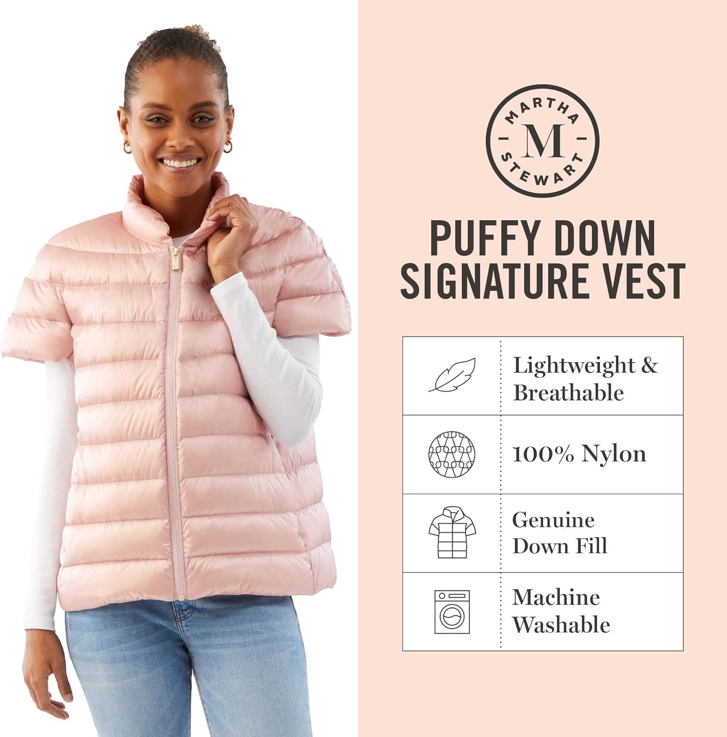 imageMartha Stewart Womens Quilted Down Puffer Vest Lightweight Short Sleeve Jacket with Pockets Warm Winter CoatCotton Pink