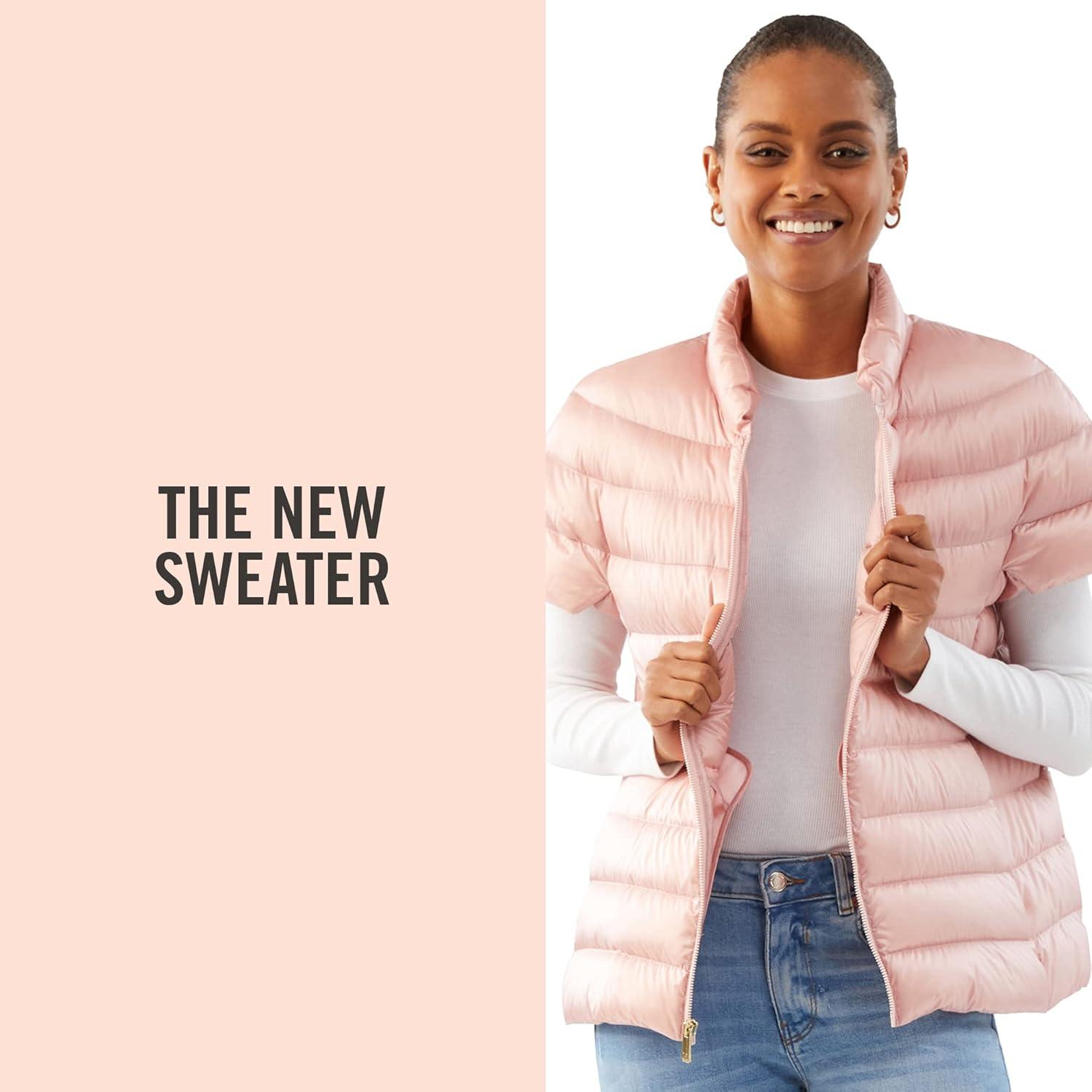 imageMartha Stewart Womens Quilted Down Puffer Vest Lightweight Short Sleeve Jacket with Pockets Warm Winter CoatCotton Pink