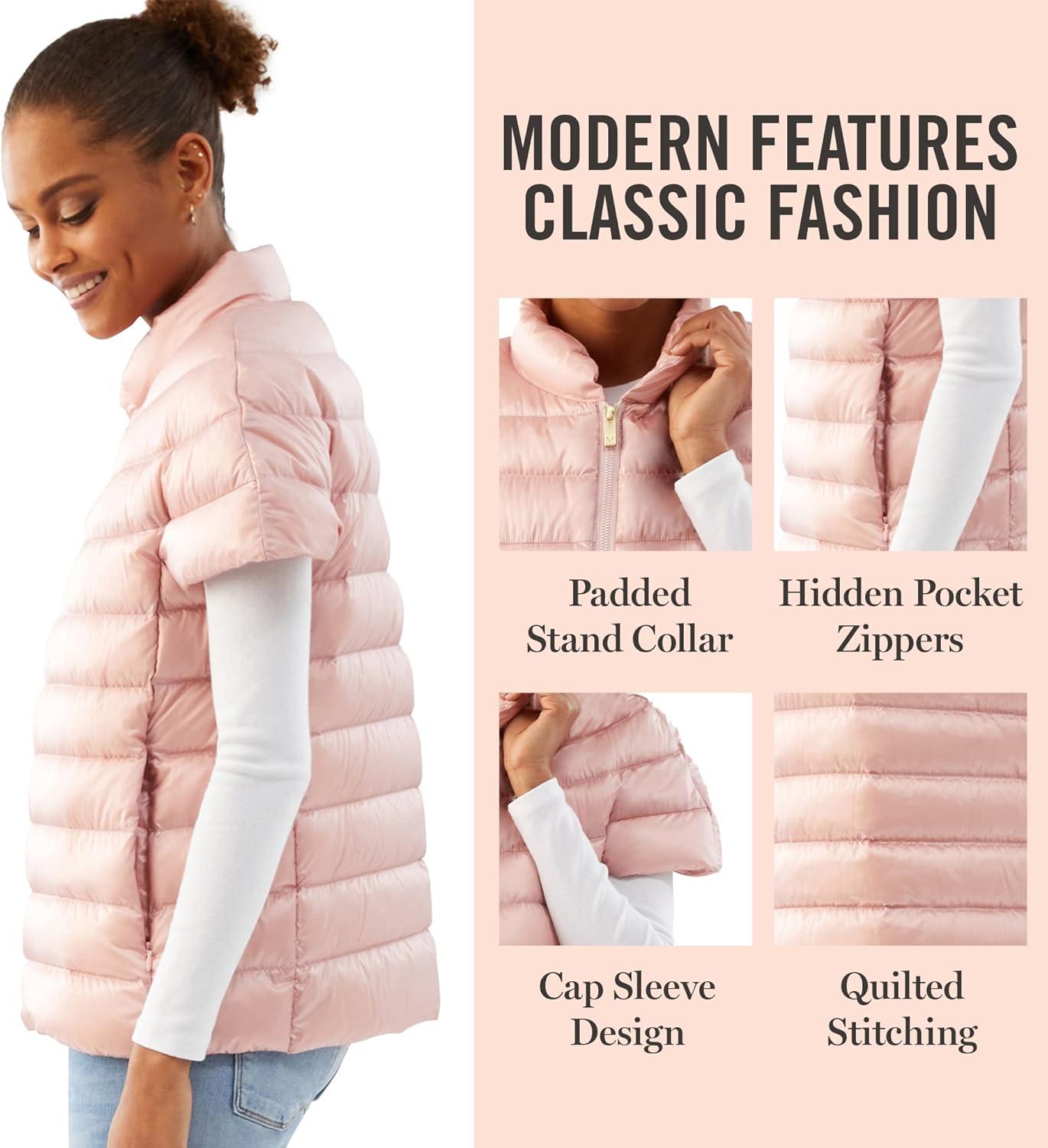 imageMartha Stewart Womens Quilted Down Puffer Vest Lightweight Short Sleeve Jacket with Pockets Warm Winter CoatCotton Pink