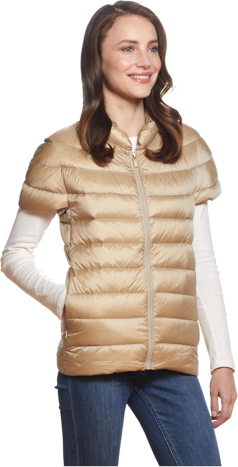 imageMartha Stewart Womens Quilted Down Puffer Vest Lightweight Short Sleeve Jacket with Pockets Warm Winter CoatKhaki