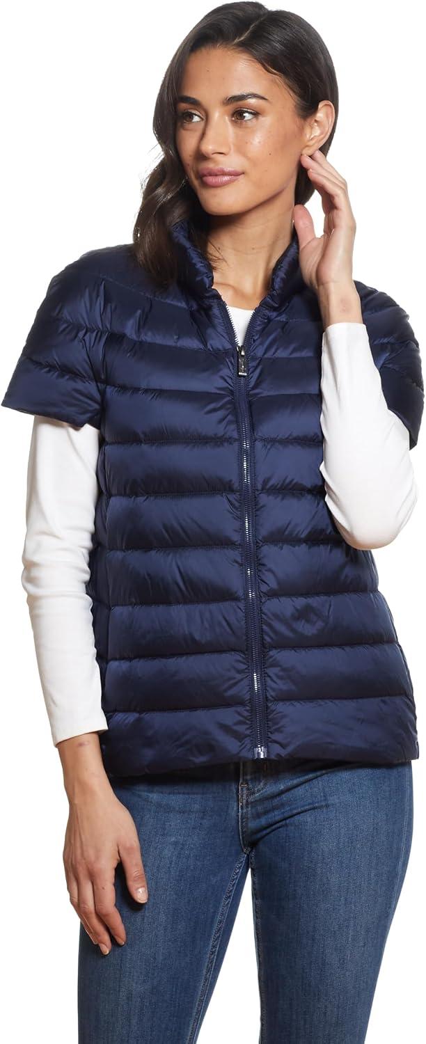 imageMartha Stewart Womens Quilted Down Puffer Vest Lightweight Short Sleeve Jacket with Pockets Warm Winter CoatNavy