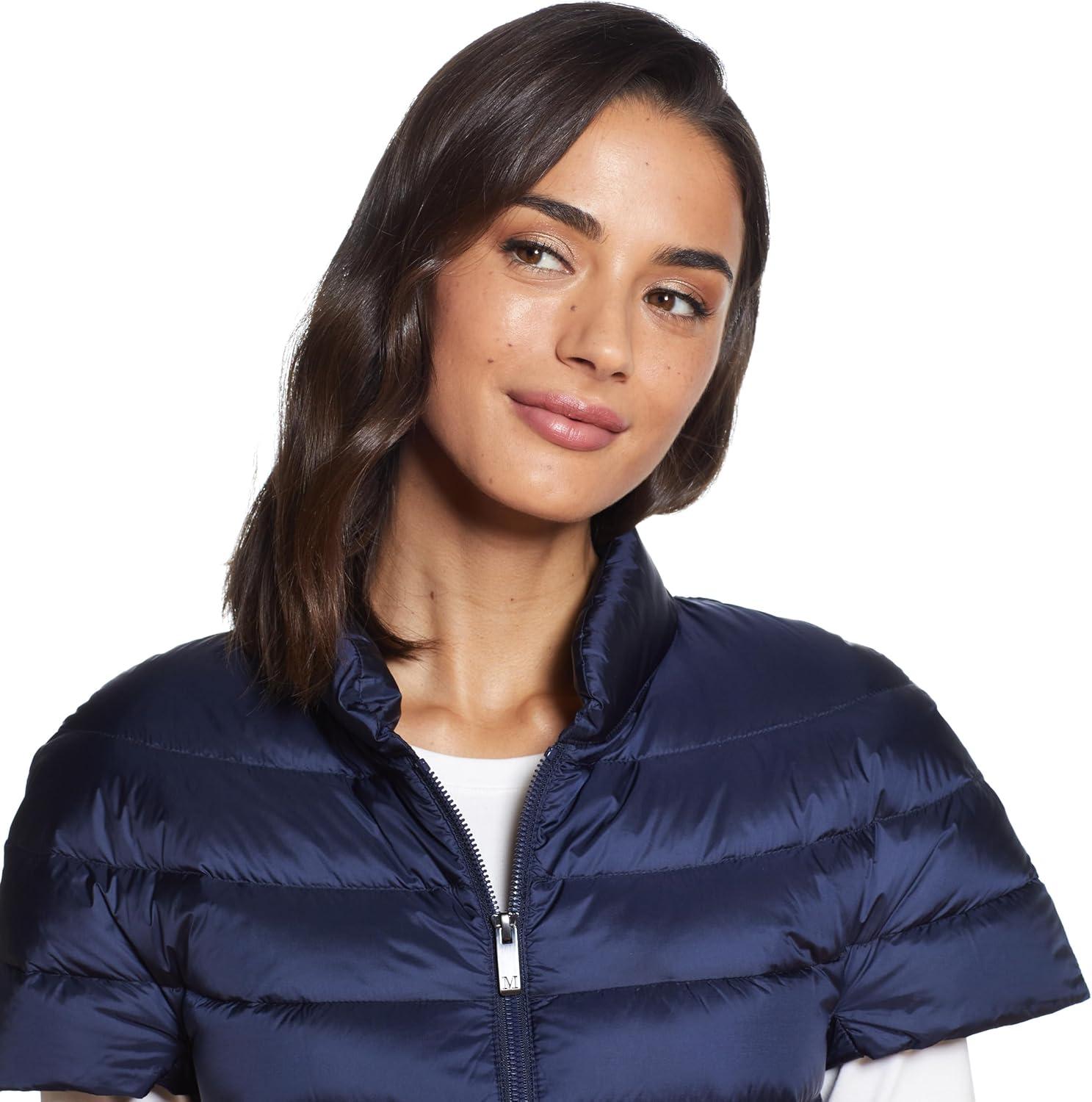 imageMartha Stewart Womens Quilted Down Puffer Vest Lightweight Short Sleeve Jacket with Pockets Warm Winter CoatNavy