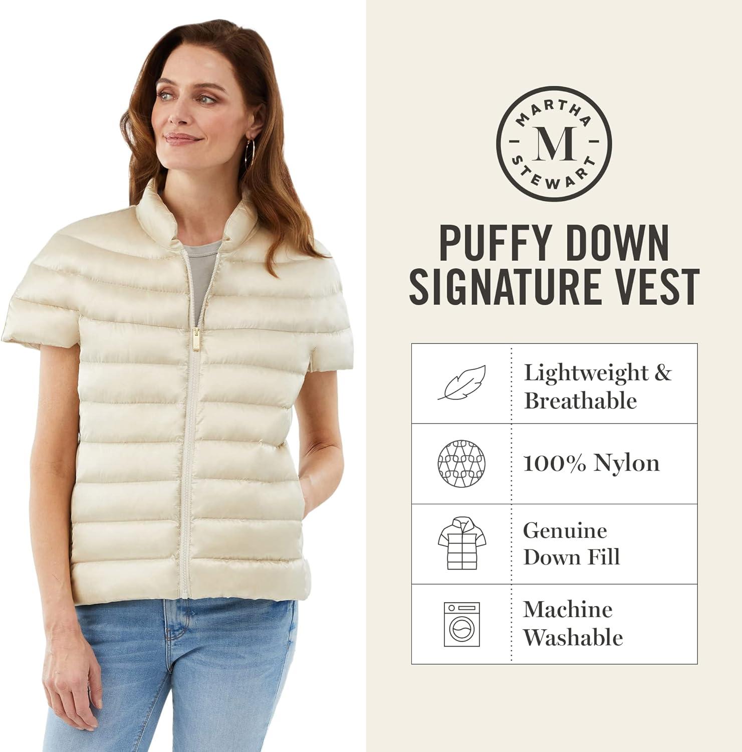imageMartha Stewart Womens Quilted Down Puffer Vest Lightweight Short Sleeve Jacket with Pockets Warm Winter CoatOat