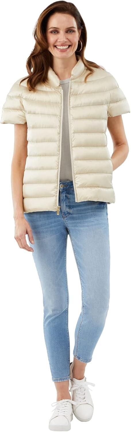 imageMartha Stewart Womens Quilted Down Puffer Vest Lightweight Short Sleeve Jacket with Pockets Warm Winter CoatOat