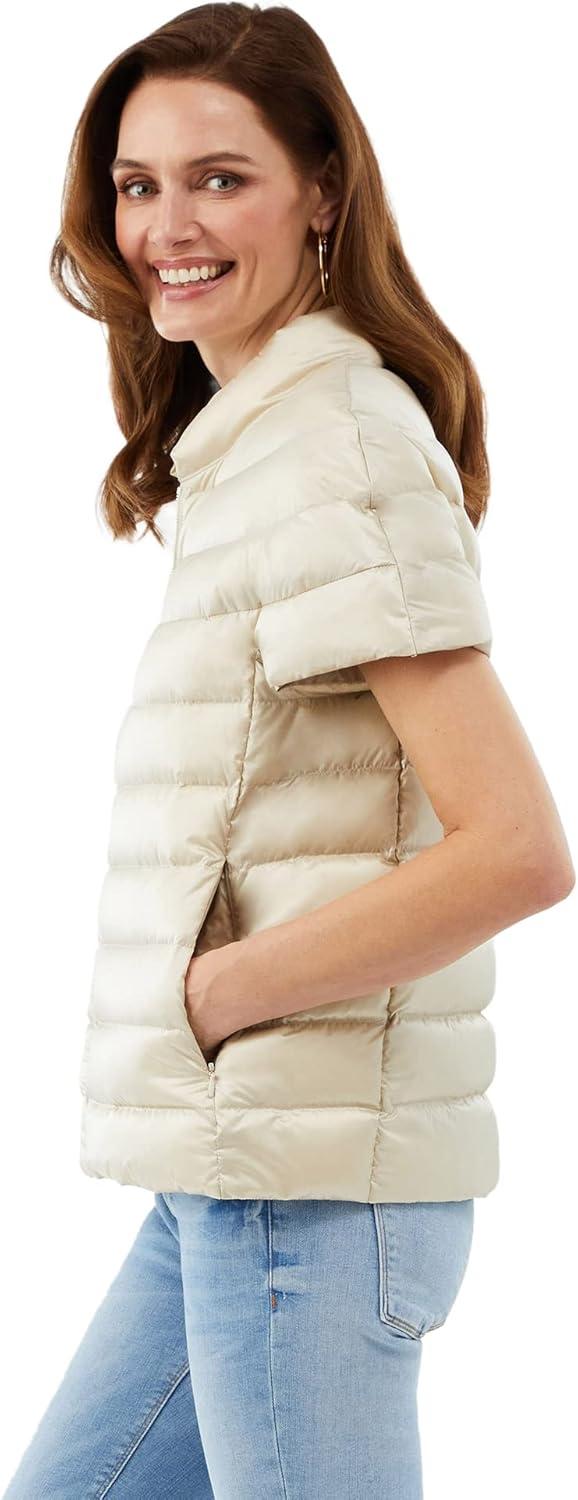 imageMartha Stewart Womens Quilted Down Puffer Vest Lightweight Short Sleeve Jacket with Pockets Warm Winter CoatOat