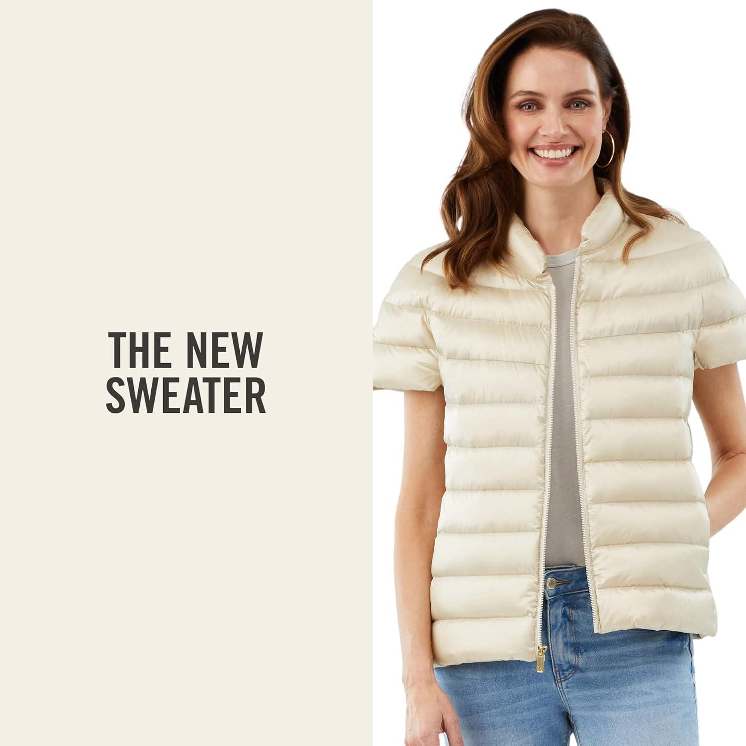 imageMartha Stewart Womens Quilted Down Puffer Vest Lightweight Short Sleeve Jacket with Pockets Warm Winter CoatOat