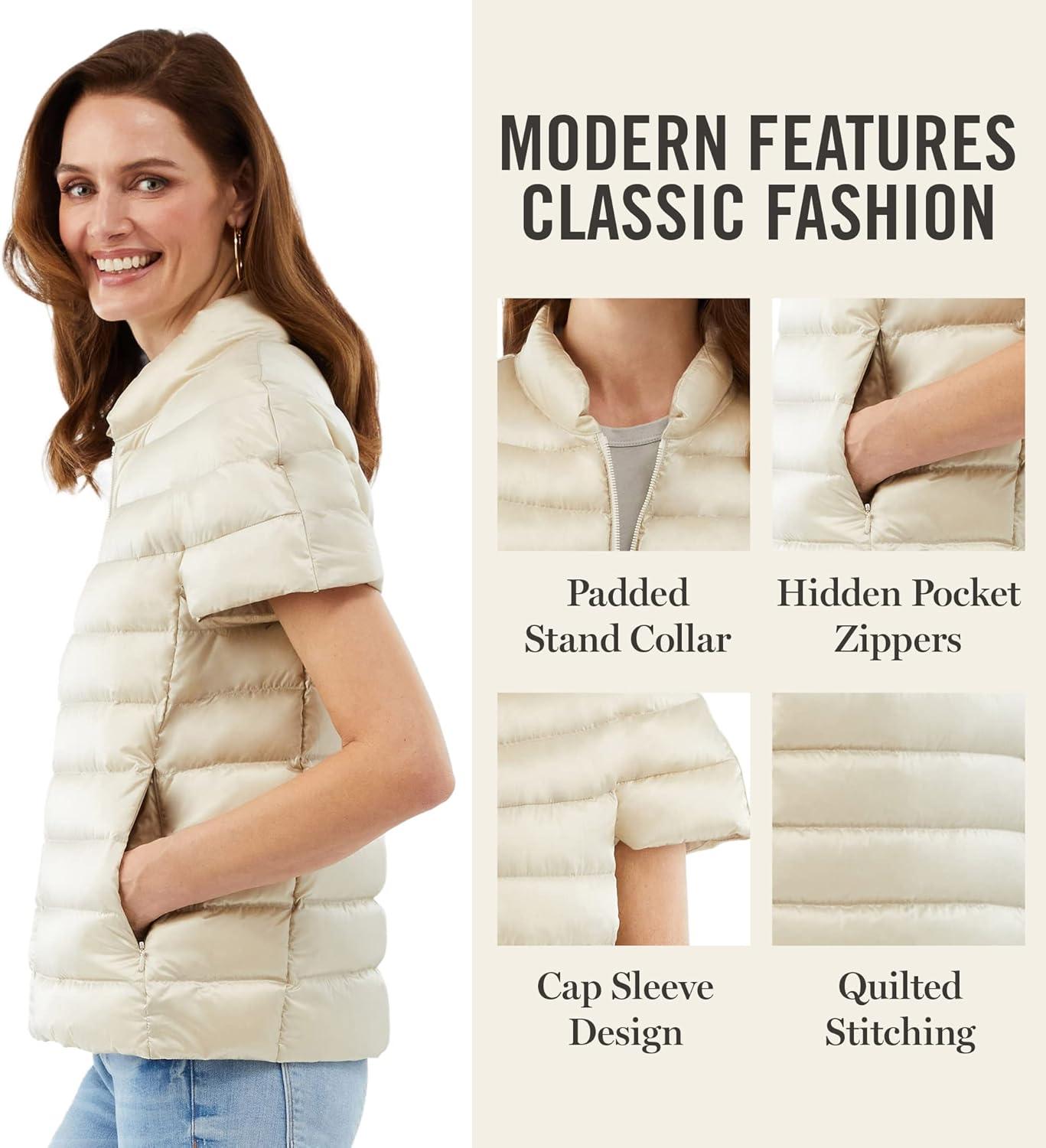 imageMartha Stewart Womens Quilted Down Puffer Vest Lightweight Short Sleeve Jacket with Pockets Warm Winter CoatOat