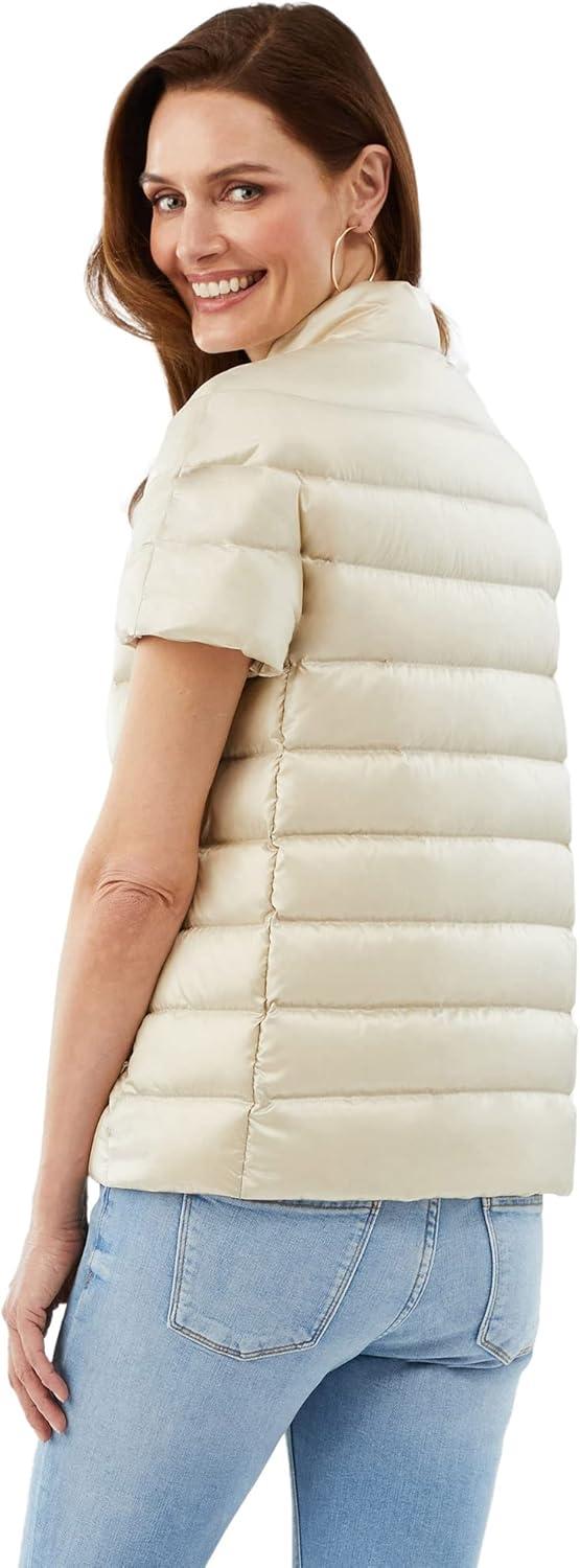 imageMartha Stewart Womens Quilted Down Puffer Vest Lightweight Short Sleeve Jacket with Pockets Warm Winter CoatOat