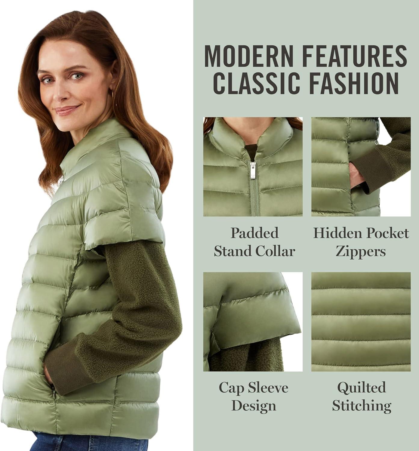 imageMartha Stewart Womens Quilted Down Puffer Vest Lightweight Short Sleeve Jacket with Pockets Warm Winter CoatSage