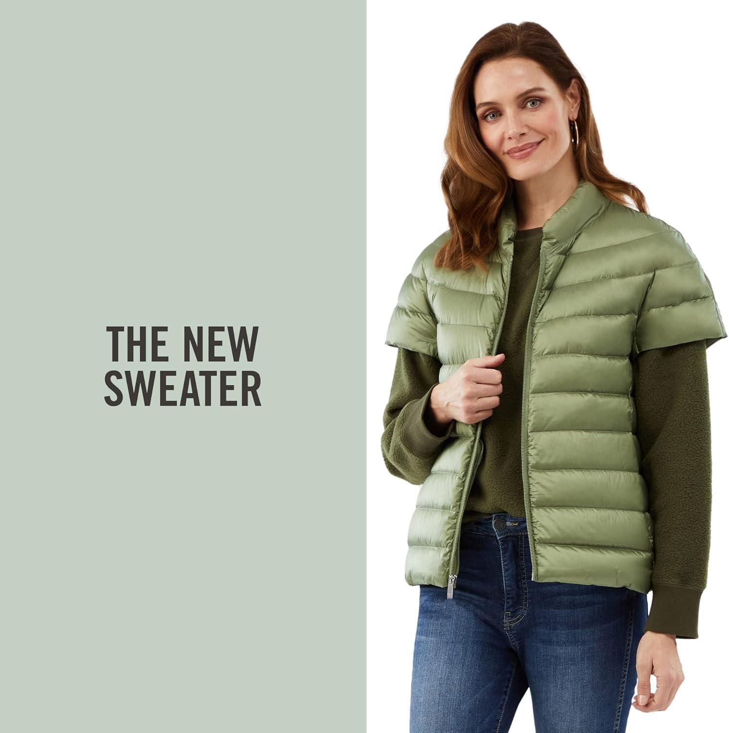 imageMartha Stewart Womens Quilted Down Puffer Vest Lightweight Short Sleeve Jacket with Pockets Warm Winter CoatSage