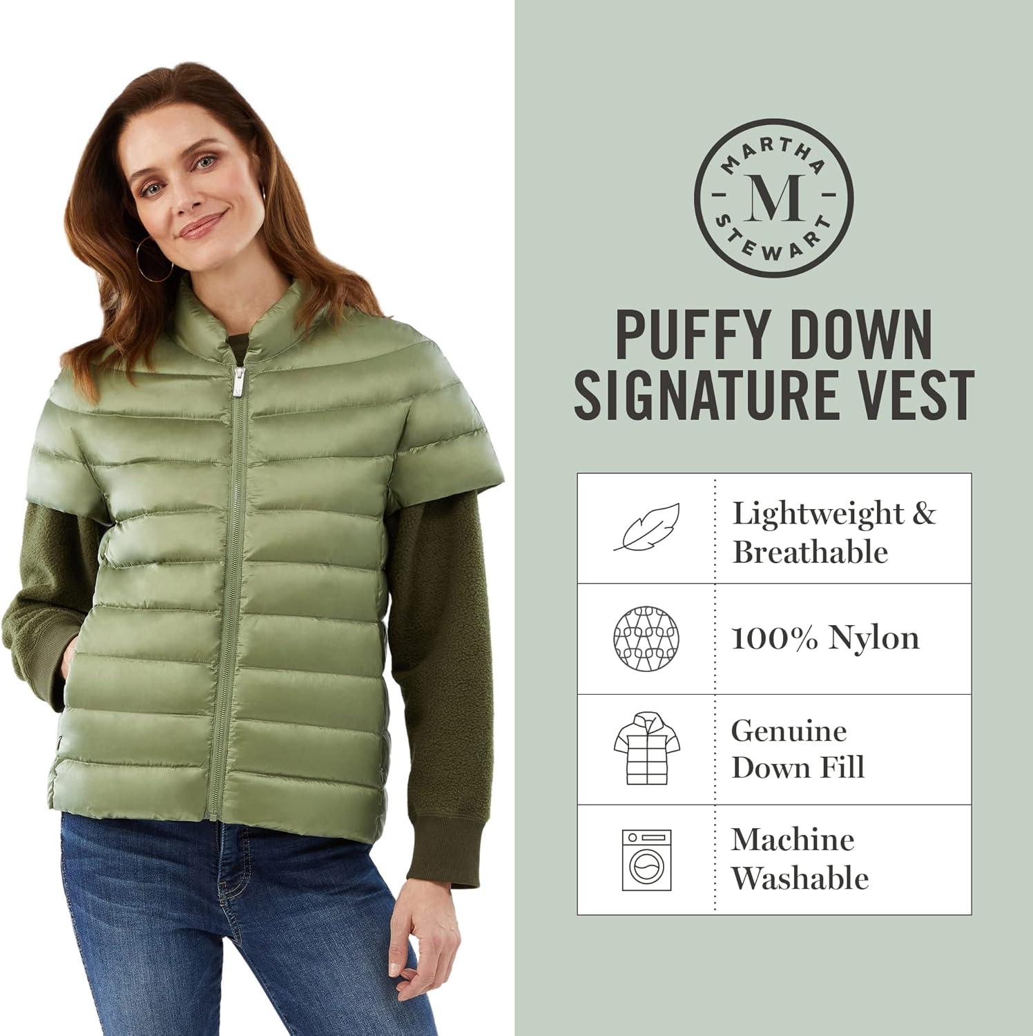 imageMartha Stewart Womens Quilted Down Puffer Vest Lightweight Short Sleeve Jacket with Pockets Warm Winter CoatSage