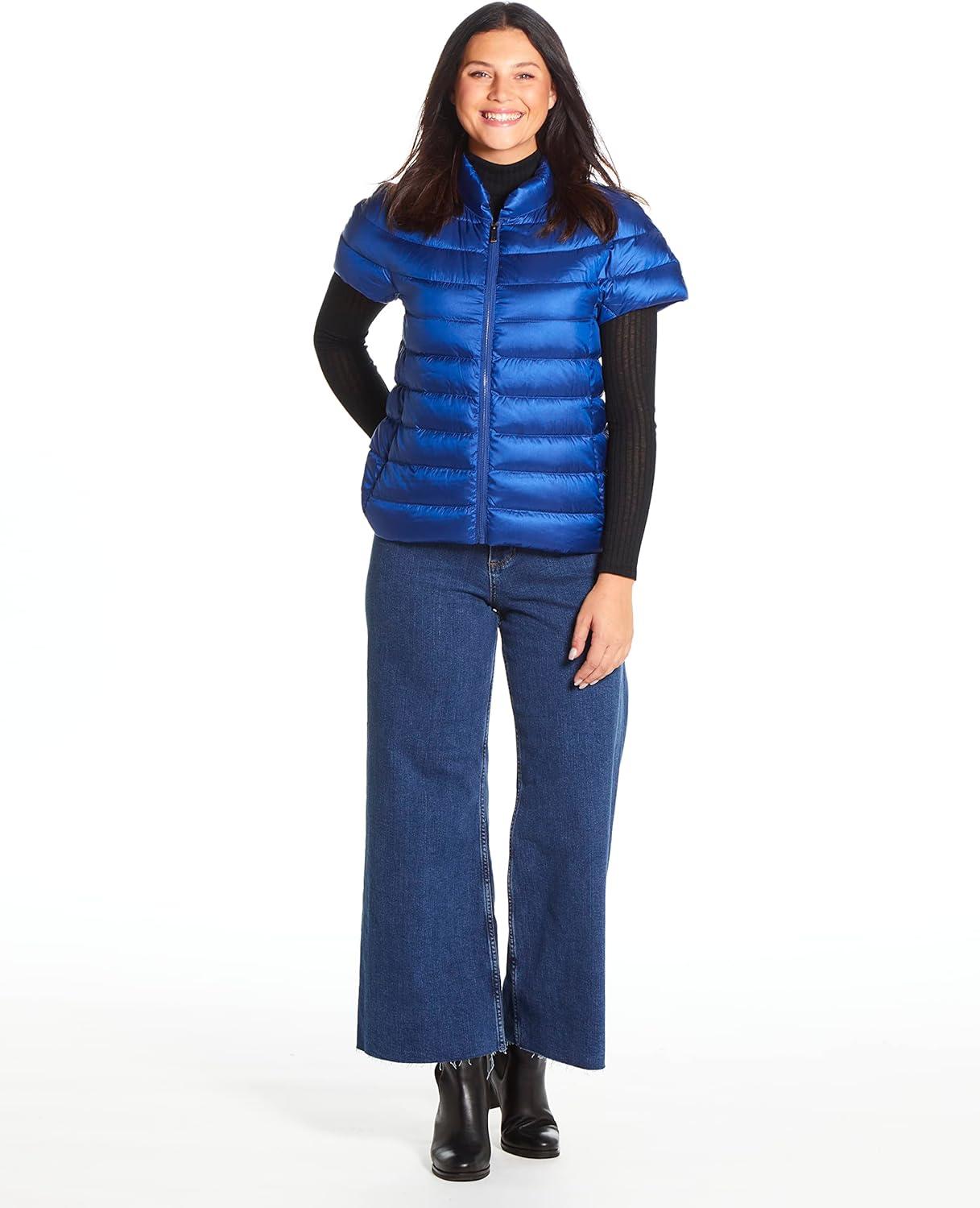imageMartha Stewart Womens Quilted Down Puffer Vest Lightweight Short Sleeve Jacket with Pockets Warm Winter CoatSociety Blue