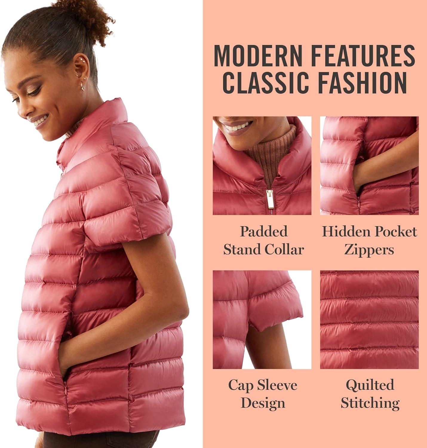 imageMartha Stewart Womens Quilted Down Puffer Vest Lightweight Short Sleeve Jacket with Pockets Warm Winter CoatTerracotta