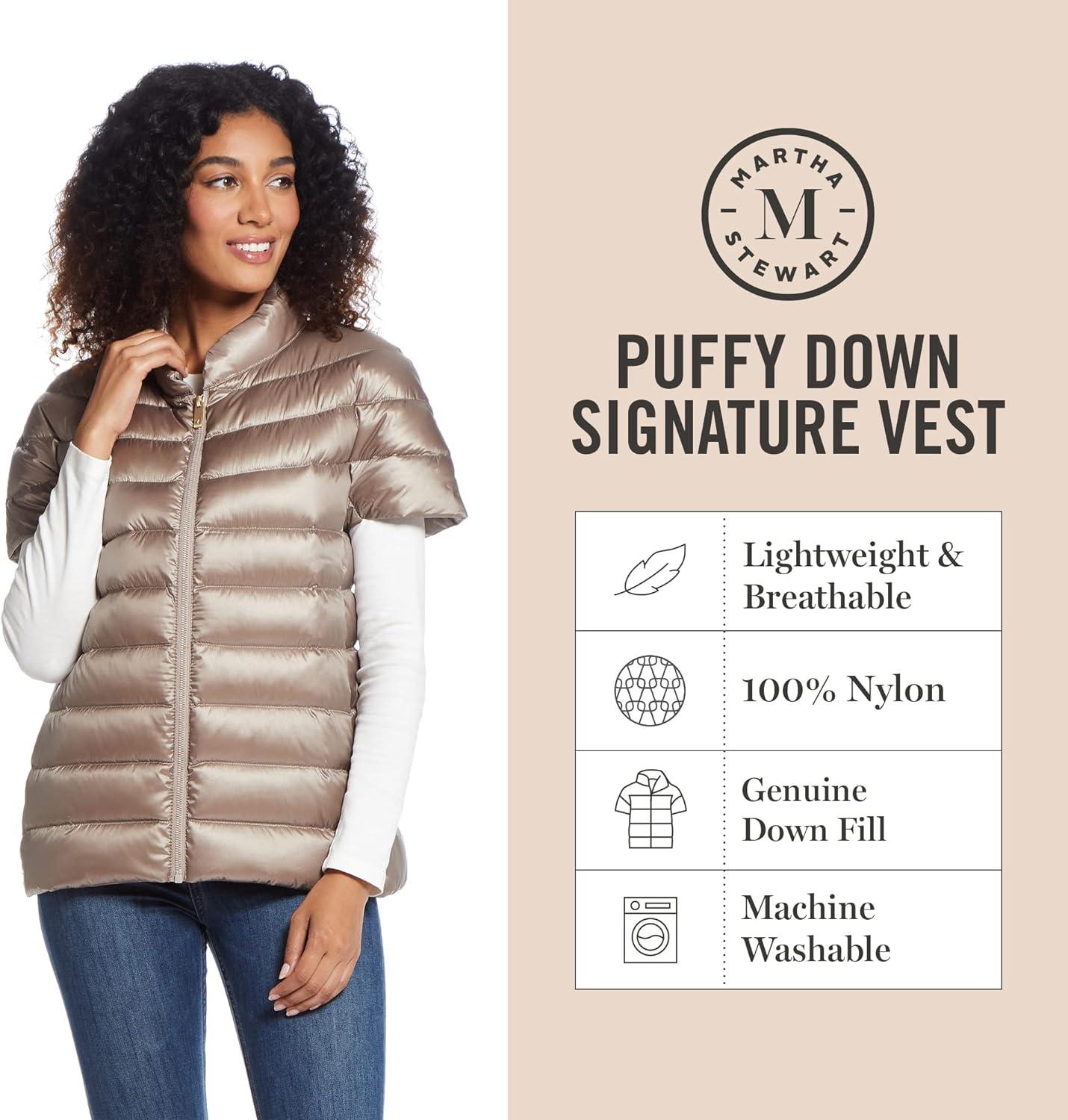imageMartha Stewart Womens Quilted Down Puffer Vest Lightweight Short Sleeve Jacket with Pockets Warm Winter CoatToasted Taupe