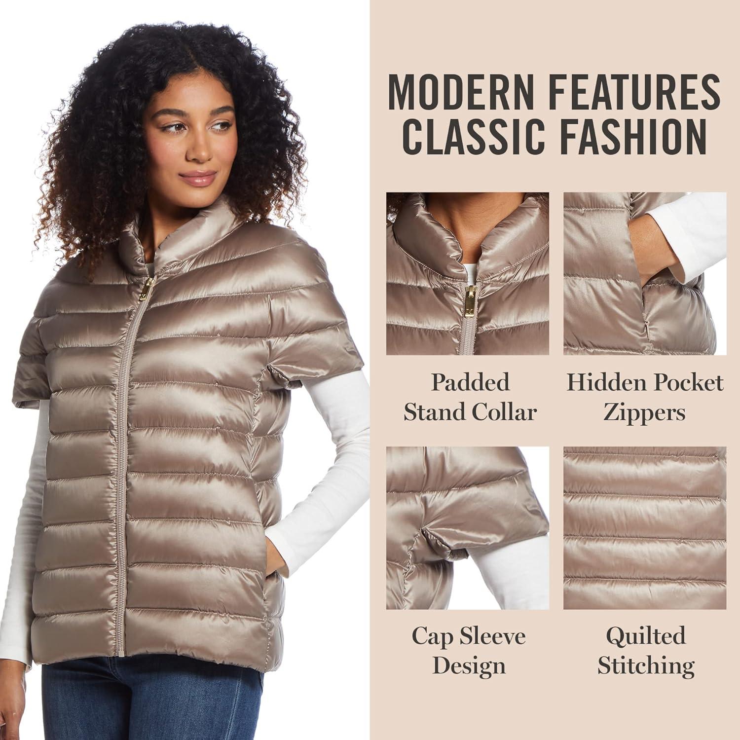 imageMartha Stewart Womens Quilted Down Puffer Vest Lightweight Short Sleeve Jacket with Pockets Warm Winter CoatToasted Taupe