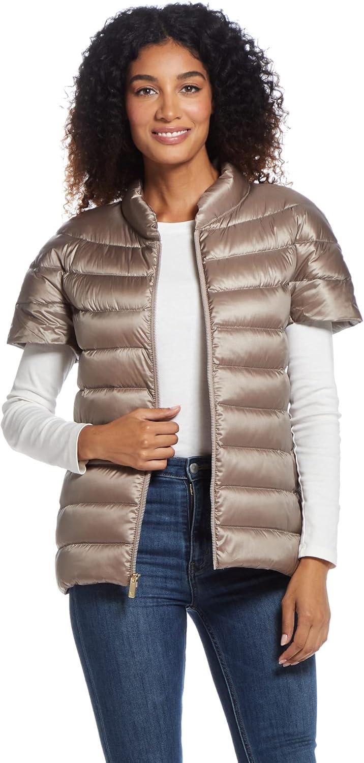 imageMartha Stewart Womens Quilted Down Puffer Vest Lightweight Short Sleeve Jacket with Pockets Warm Winter CoatToasted Taupe