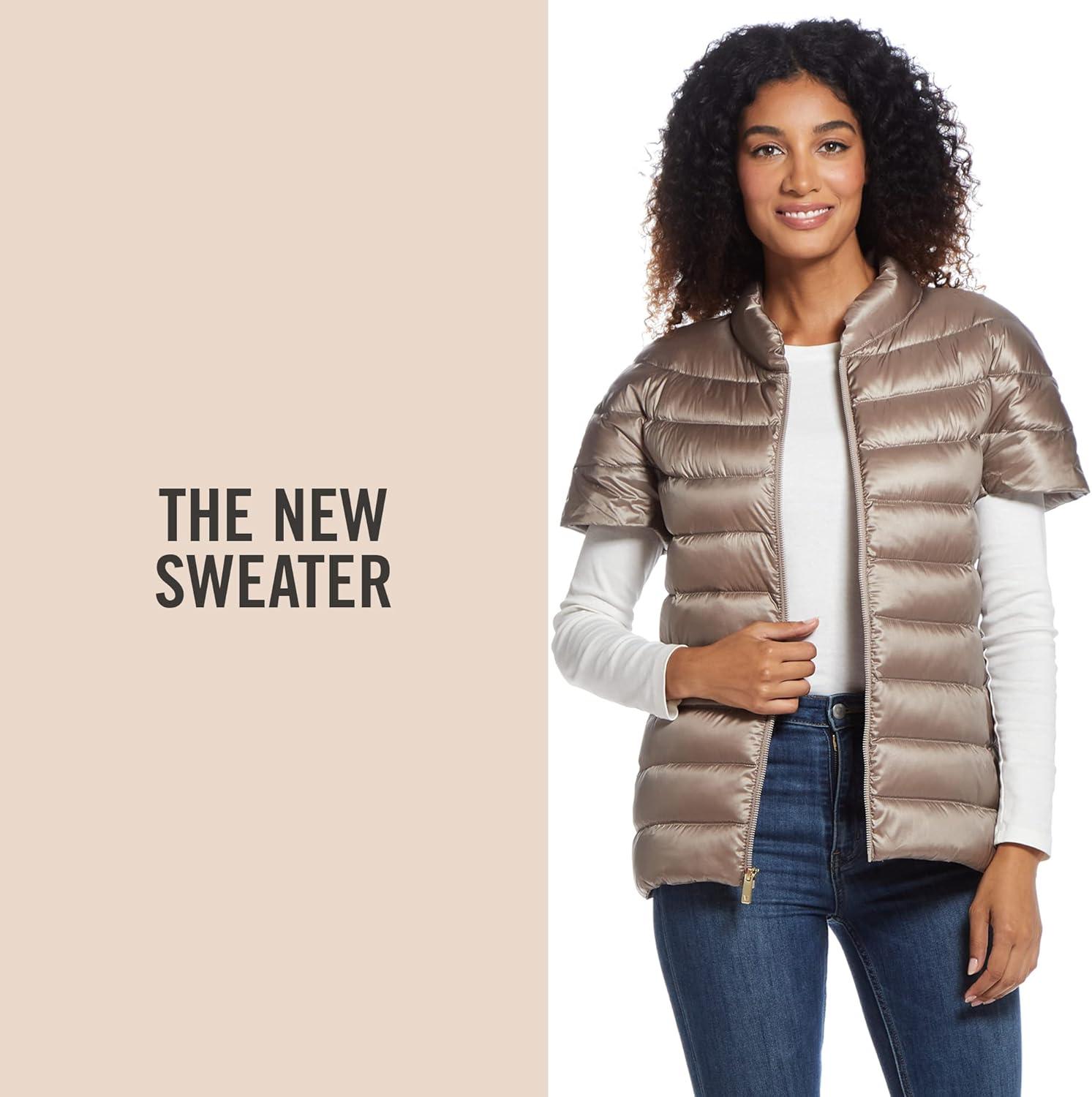imageMartha Stewart Womens Quilted Down Puffer Vest Lightweight Short Sleeve Jacket with Pockets Warm Winter CoatToasted Taupe
