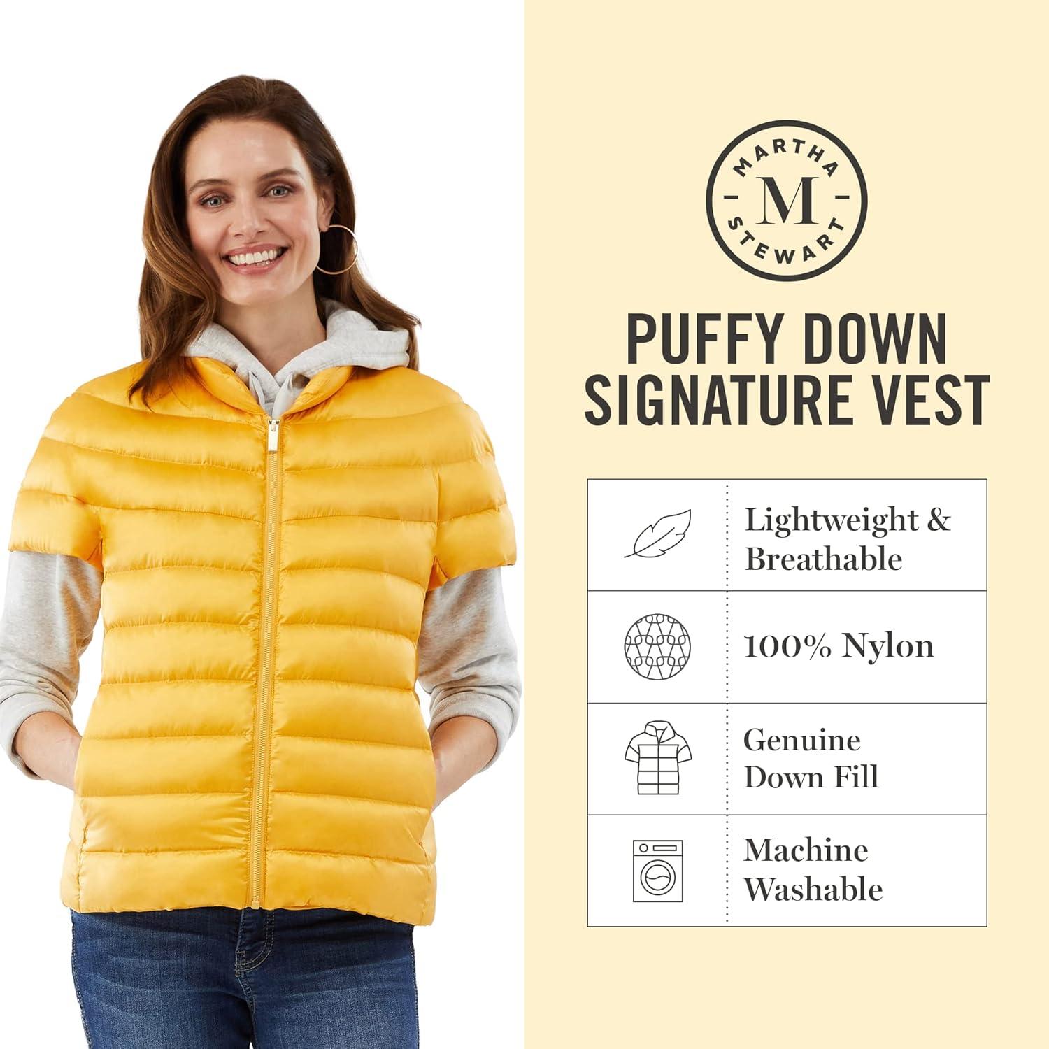imageMartha Stewart Womens Quilted Down Puffer Vest Lightweight Short Sleeve Jacket with Pockets Warm Winter CoatYellow