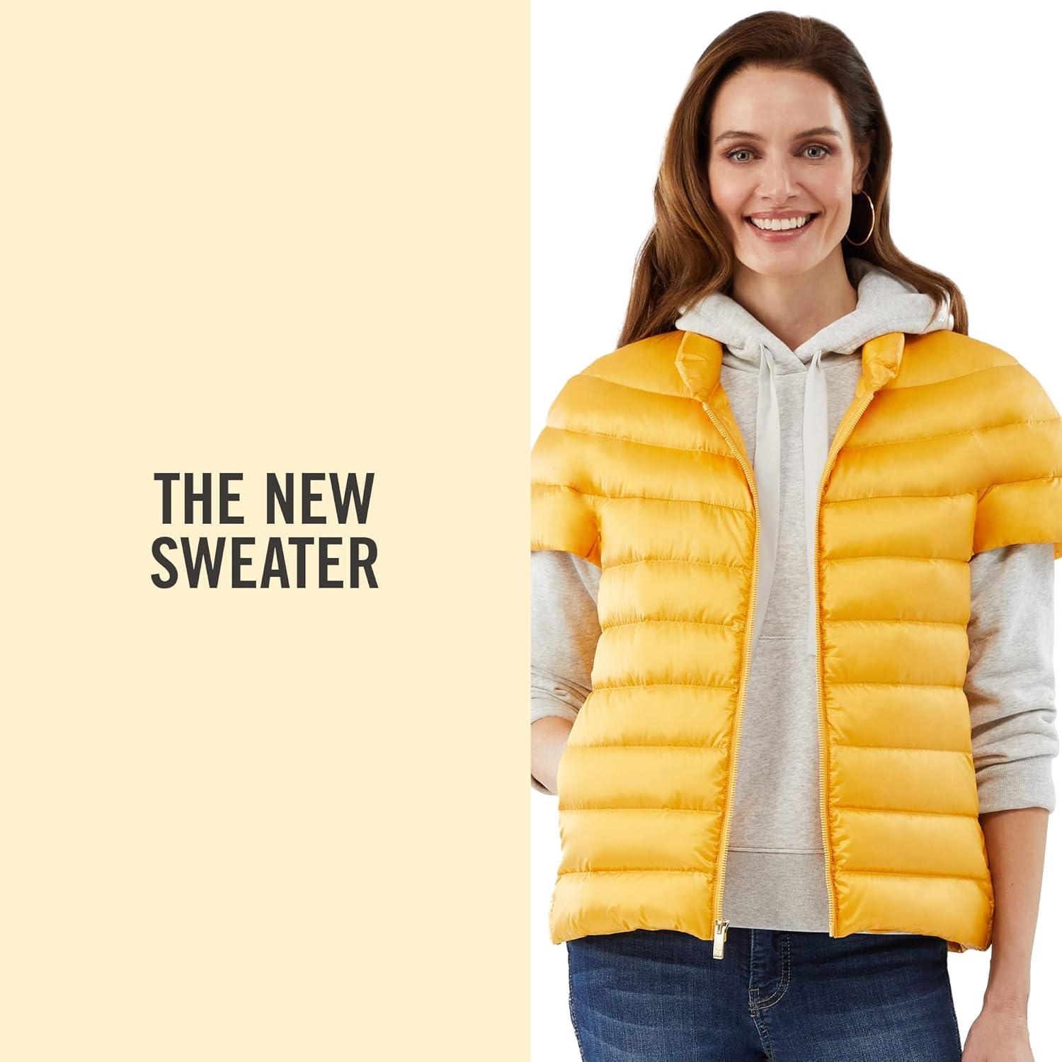 imageMartha Stewart Womens Quilted Down Puffer Vest Lightweight Short Sleeve Jacket with Pockets Warm Winter CoatYellow
